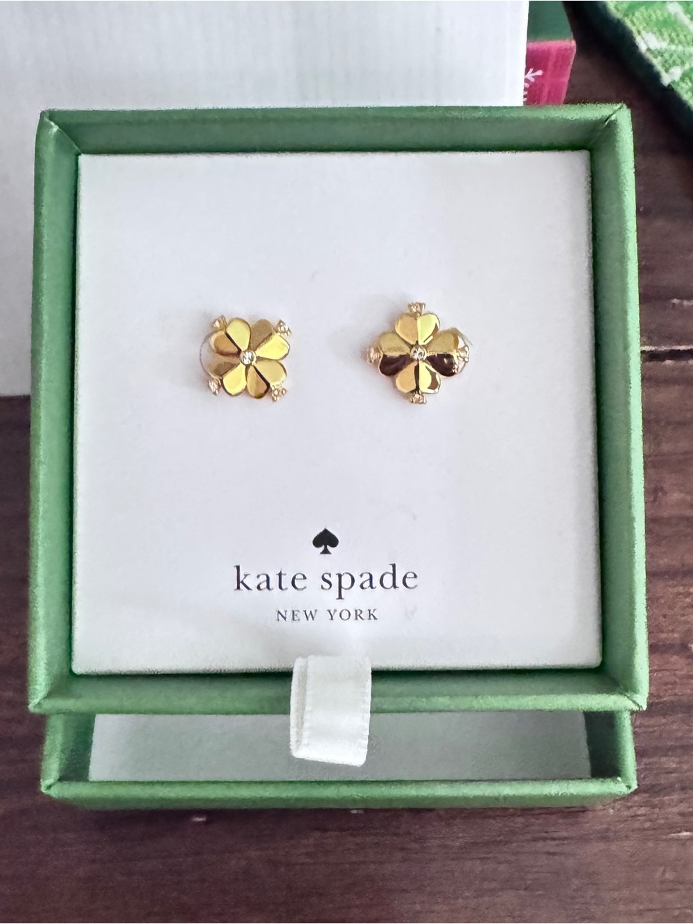 Kate Spade NY, earrings are the Legacy Logo Spade Studs, 4 Leaf Clover, NWT
